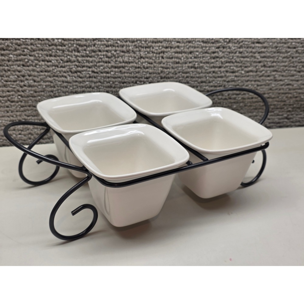 White Ceramic 4 Bowl Condiment Server Set with Black Metal Caddy Scroll Frame